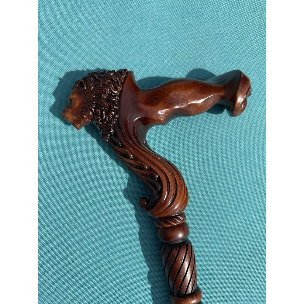 Lion Head Walking Stick Hand Carved 36.5" Solid Oak Beech Wood Rubber Tip